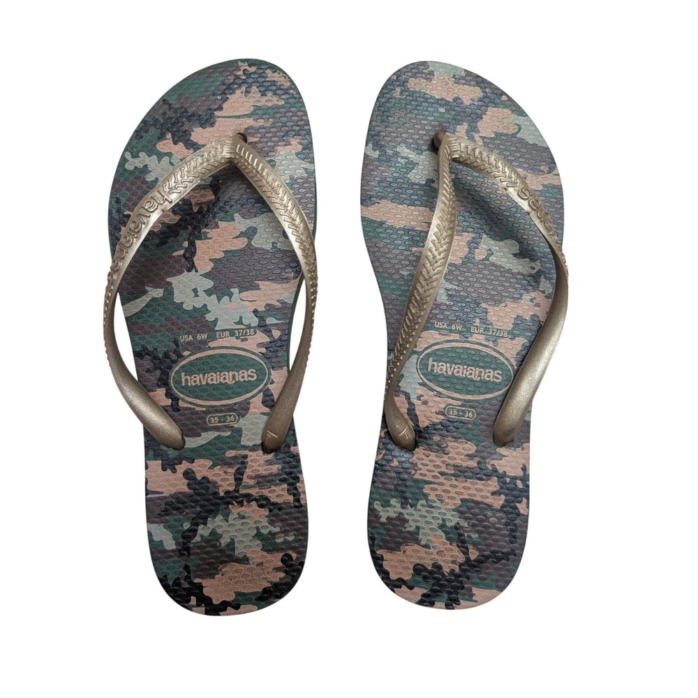 Havaianas Slim Camo Flip Flops Sandals Green Gold Camouflage Beach Summer Resort